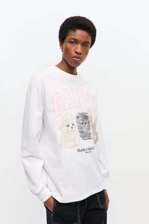 Ganni White Animal Print Long Sleeve T-shirt - Size XXS Organic Cotton