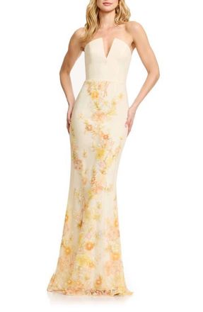 Dress The Population Fernanda Bead Embellished Floral Strapless Gown in Ivory Multi at Nordstrom, Size Large