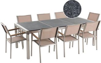 Beliani Conjunto De Comedor De Jard&iacute;n Gris Con Mesa 220 X 100 Cm De Granito Gris 8 Sillas De Rat&aacute;n Grosseto
