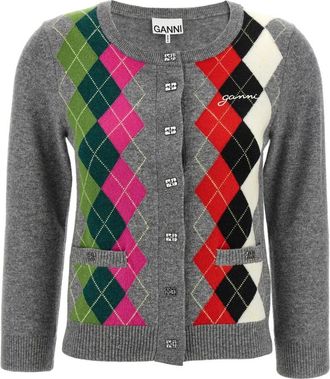 Ganni Truien & Vesten, Dames, Veelkleurig, S, Wol, Grey Check Cardigan