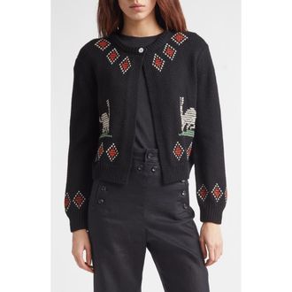 Bode Bunny Cross Stitch Wool Cardigan in Black at Nordstrom, Size X-Small