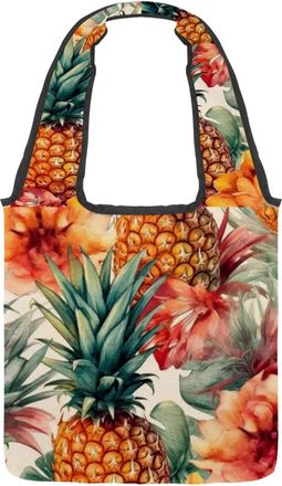 Generic Tropical Pineapple Reversible Canvas Shoulder Tote - Double-Sided Print, 12oz Cotton, 27cm Drop, Fold-Flat Bag for Travel, Shopping, Street Outings