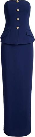 Ralph Lauren Jurk met Strapless Halslijn en Knopen van Stretch Cady - Dames - Avondkleed - Blauw - S - Leer - Kleedjes