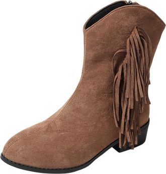 Generic Ankle Boots for Women UK Fashionable V-Cut Fringed Pointed-Toe Square Heel Versatile Mid Calf Boots Suitable for Autumn Winter Outfits(Brown,10)
