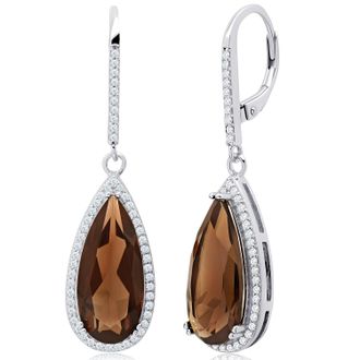 MAX + STONE Pear Cut Gemstone Quartz and White Topaz Halo Dangle Leverback Earrings in Sterling Silver (18x8mm)