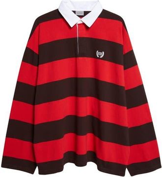 Balenciaga Laurel Embroidered Stripe Mixed Media Rugby Polo in 1273 Dark Brown/Red at Nordstrom, Size X-Large