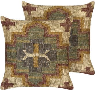 Beliani Set of 2 Jute Cotton Cushions Geometric Pattern 45 x 45 cm Multicolour Pulicat