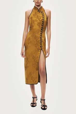 Nocturne High-Neck Button-Detail Midi Dress in Camel at Nordstrom, Size Medium Eu