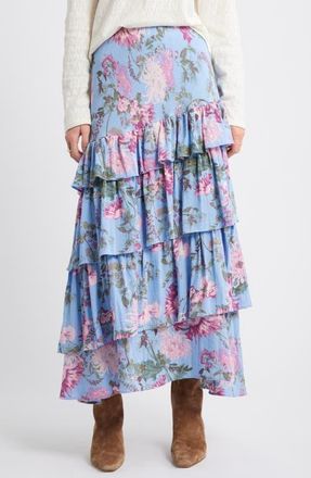 Treasure & Bond Floral Tiered Ruffle Maxi Skirt in Blue Garden Floral at Nordstrom, Size Xx-Small