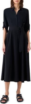 Akris Belted Laser Cut Crepe Midi Shirtdress in Black at Nordstrom, Size 10