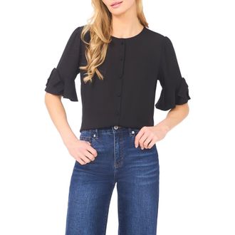 CeCe by Cynthia Steffe Bow Sleeve Button-Up Top in Rich Black at Nordstrom, Size Xx-Small