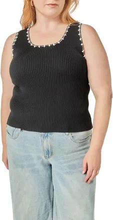 English Factory Crochet Trim Ribbed Sleeveless Top in Black/white at Nordstrom, Size 1X