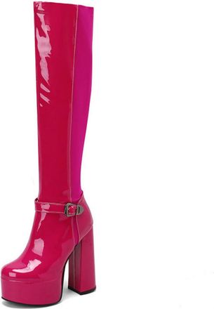 Generic Womens Platform Chunky Heel Knee High Riding Boots with Buckle Detail & Color-Block Design,Rose Red,6.5 UK
