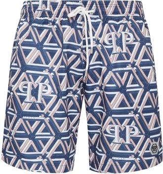 Philipp Plein Swim Trunks Hexagon Monogram - Heren - Strandmode - Blauw - L - Polyester - Badmode