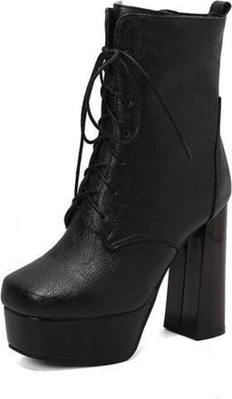 Generic Womens Lace Up Punk Boots with Side Zipper Round Toe PU Leather Short Boots Block High Heel Platform Ankle Boot,Black,10.5 UK