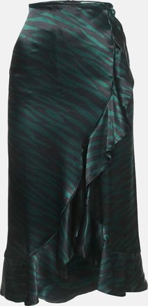 Ganni Ganni Black/green Animal Print Satin Ruffled Midi Skirt