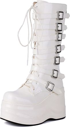 Generic Womens Lace Up Gothic Punk Boots with Buckle Patent Leather Platform Long Boots Wedge High Heel Mid-Calf Boot,White,3.5 UK