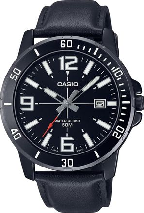 Casio Mens Black Analog Watch with Date Display and Leather Band - MTP-VD01BL-1BV