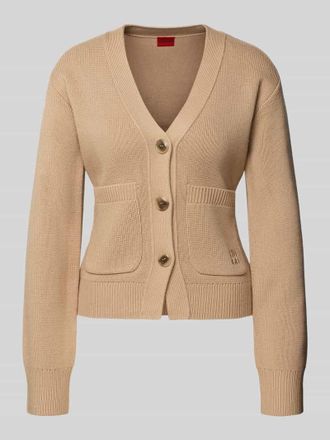 HUGO BOSS Slim Fit Strickjacke aus Schurwoll-Mix Modell SELOSINA in Sand, Gr&ouml;&szlig;e L
