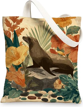 Generic Tropical Canvas Tote Bags, Vintage Sea Lion Design Reusable Grocery Bags, Lightweight Washable Shoulder Strap Canvas Bags f, Multicolor, 13x15 Inch