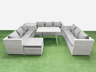 Fimous 10 Seat Patio PE Rattan Garden Furniture with Side Table Big Stool in Light Grey