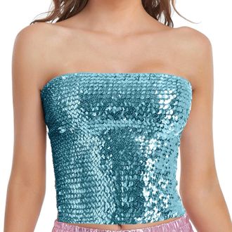 Generic LOIJMK Fashion Mardi Holiday Womens Sparkling Sequins Stretch Clubwear Tube Top Corset Top Everyday, sky blue, One Size