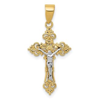 Diamond2Deal 14k Two-tone Gold Small Lacy-Edge Inri Crucifix Pendant