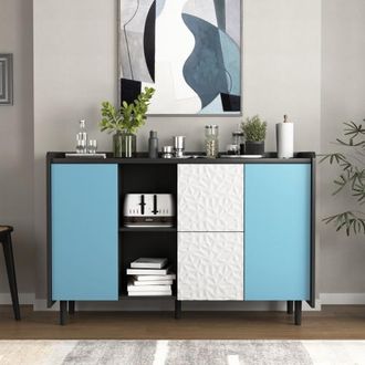 OEM Credenza/buffet, Mobile Contenitore Nero Con Ante Blu, 2 Cassetti Con Pannello Dal Design Unico E 2 Vani A Giorno, Mobile Bar Moderno, Mobile DAccento