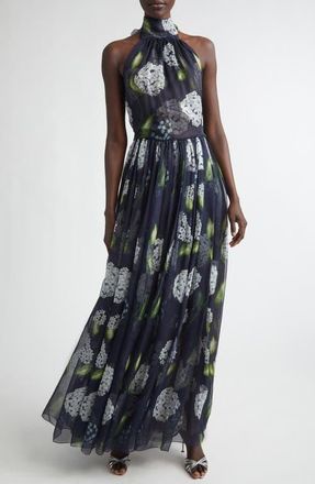 Oscar De La Renta Porcelain Flowers Pleated Silk Chiffon Gown in Denim/Navy at Nordstrom, Size 6