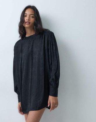Asos vestito corto jacquard girocollo con maniche a campana nero