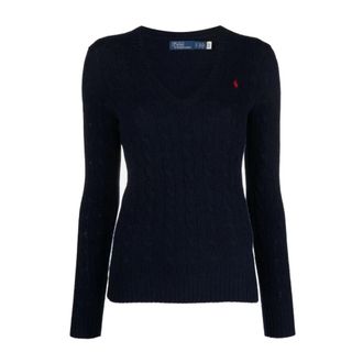 Polo Ralph Lauren Lange Mouw Wollen Kasjmier Trui - Dames - V-hals truien - Blauw - M - Wol - Truien & Vesten