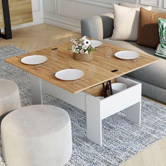 IDMarket Mesa De Centro Rectangular Con Tablero Elevable, Convertible En Mesa De Comedor Tara De Madera Blanca E Imitaci&oacute;n De Haya