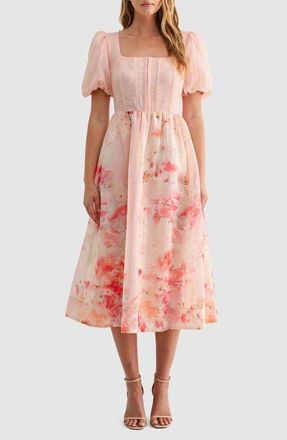 Mila Mae Puff Sleeve Chiffon Fit & Flare Midi Dress in Pink Floral at Nordstrom, Size X-Large