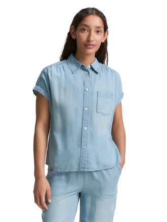Tom Tailor Hemdbluse TOM TAILOR, Damen, Gr. 46, blau (clean mid stone), Denim/Jeans, Obermaterial: 100% Lyocell, unifarben, regular fit taillenbedeckt, Blusen He