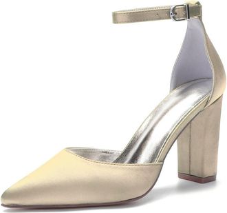 Generic Wedding Bridal Shoes Womens Elegant Chunky Block Heel Pointed Toe Court Pumps 9Cm Bridal Party Pumps Shoes for Dress Occasions,Champagne,10 UK