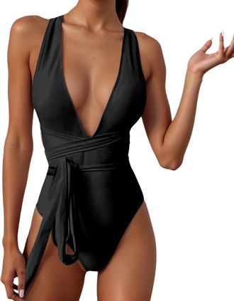 Generic Swimming Costume Women Tie Knotted Tummy Control Push Up Strappy One Piece Swimsuit Halter V Neck Padded One Piece Swimwear