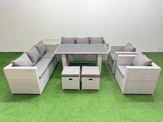 Fimous 10 Seater Outdoor Dining Table 3 Seater Sofa Set with Side Table in Light Grey