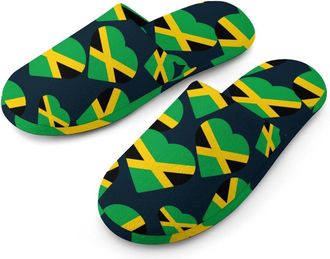 Generic Flag of Jamaica Heart Flannel Mens Slip-on Slippers Winter Warm House Shoes with Rubber Sole for Home Hotel