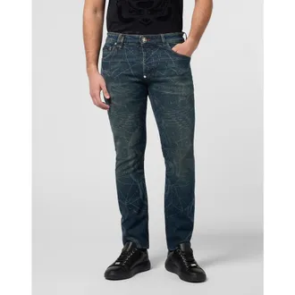Philipp Plein Printed Super Straight Cut Jeans Tattoo Men in Texasblue at Nordstrom, Size 30