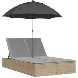 vidaXL Lettino Prendisole Doppio Cuscini e Parasole Beige Polyrattan - Vidaxl