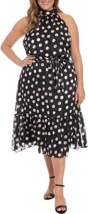 London Times Tie Waist Halter Midi Dress in Black/Cream at Nordstrom Rack, Size 20W