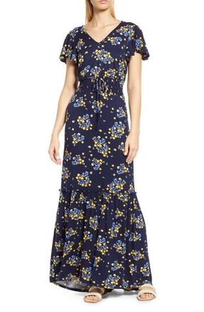 Loveappella Floral Smock Waist Knit Maxi in Navy at Nordstrom, Size X-Small