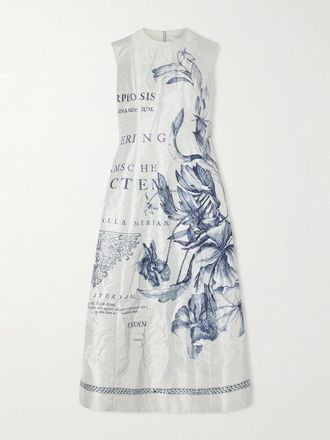 Erdem Abito Midi In Raso Increspato Floreale - Grigio