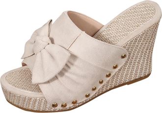 Generic Wedge Sandals for Women Bow Open Toe Summer Sandals Solid Color Stylish Classic Breathable Comfy Thick Sole Elegant Slip On Slippers Outdoor Daily