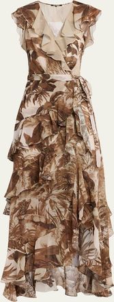 Kobi Halperin Elanor Botanical-Print Ruffle Wrap Maxi Dress
