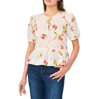 CeCe by Cynthia Steffe Floral Puff Sleeve Cotton Peplum Top in Lucent White at Nordstrom Rack, Size X-Large