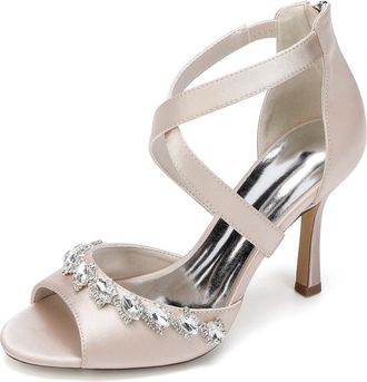 Generic Womens Rhinestone Satin Bridal Stiletto Sandals Dress Wedding Heel Formal Evening Shoes 9.5Cm,Champagne,10 UK