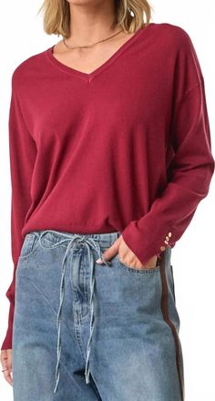 Skies Are Blue Clothing V-Neck Buttoned Sleeve Sweater In Burgundy