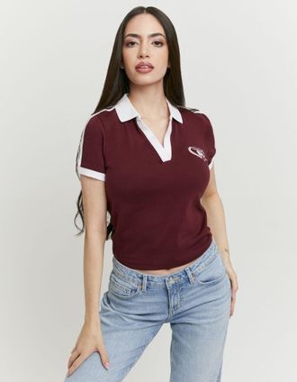 Tally Weijl Poloshirt TALLY WEIJL STSCOMITSKI, Damen, Gr. XS, windsor wine, Jersey, Obermaterial: 97% Baumwolle, 3% Elasthan, bedruckt, figurbetont taillenlang, V
