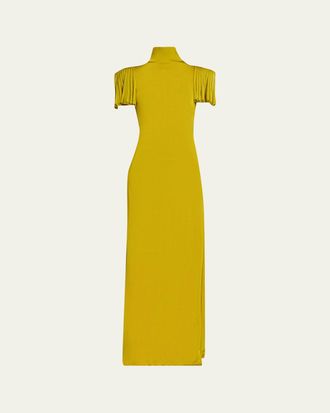 Alaia Turtleneck Godet-Sleeve Side-Slit Maxi Dress